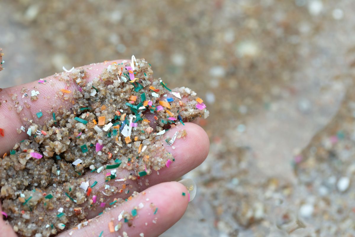 Una mano aperta mostra una manciata di sabbia piena di microplastiche.
