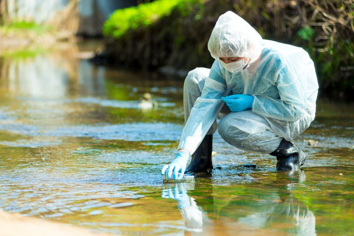 naukowiec pobiera próbkę wody z małej rzeki, aby wykryć, czy jest ona zanieczyszczona chemikaliami 