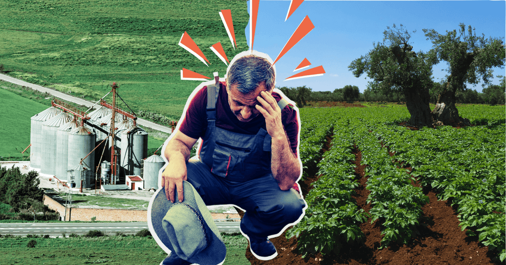 Picture of a farmer who is worried with a background which shows on one side an agrobuisiness factory and on the other a tomato plantation and an olive tree