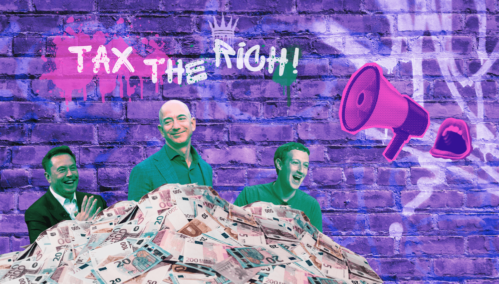 Picture of richest men on the planet with piles of cash