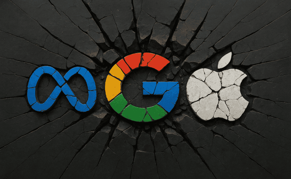 Image of the logos of three big tech companies (meta, google and apple) forged in a broken black stone