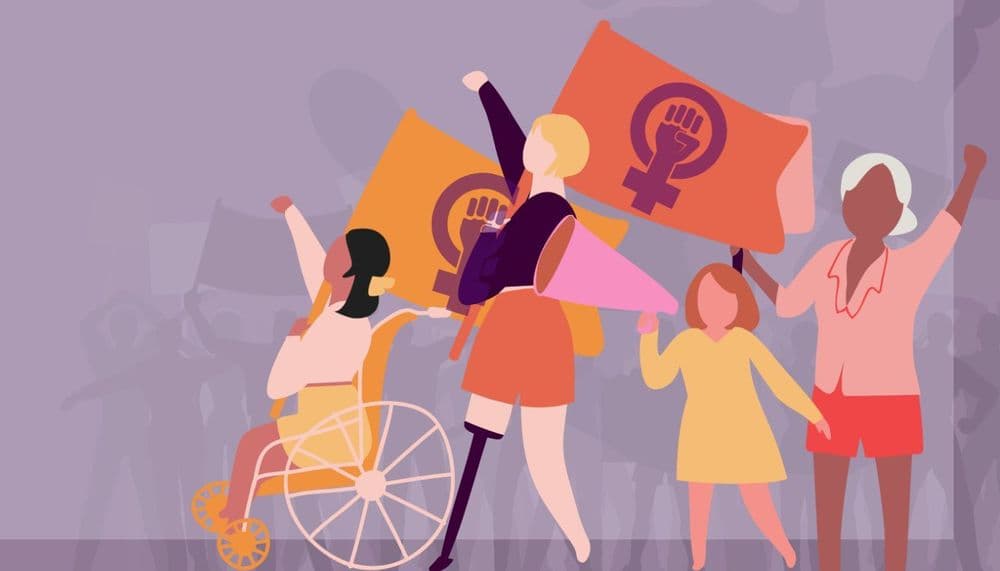 Illustrazione di donne e ragazze che tengono bandiere e megafoni in mano, sfondo viola