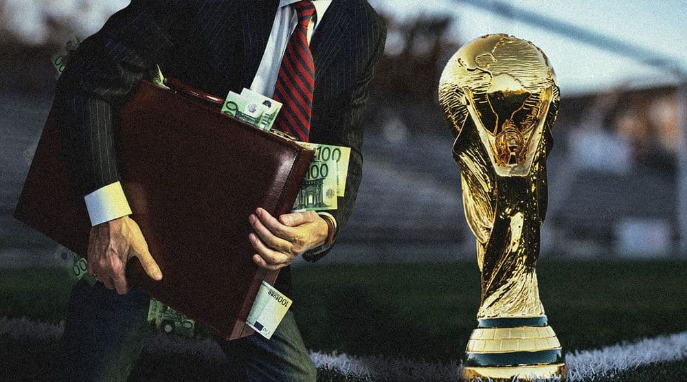 Wallet full with 100 euro notes and the world cup trophy