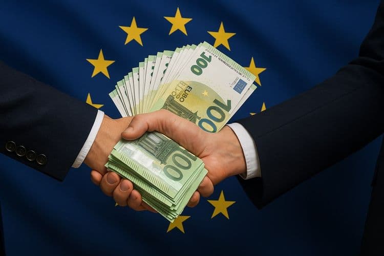 Banknoty 100 euro przechodzące z rąk do rąk z flagą UE w tle