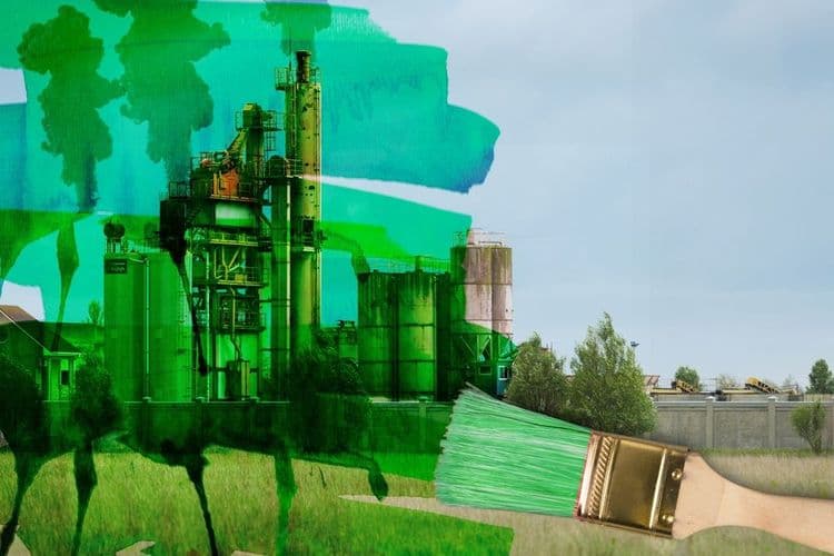 Immagine di una grande fabbrica ricoperta di vernice verde