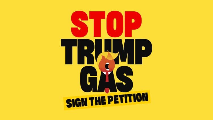 Żółte tło z dużym tekstem pośrodku obrazka z napisem „Stop Trum gas - Podpisz petycję”.