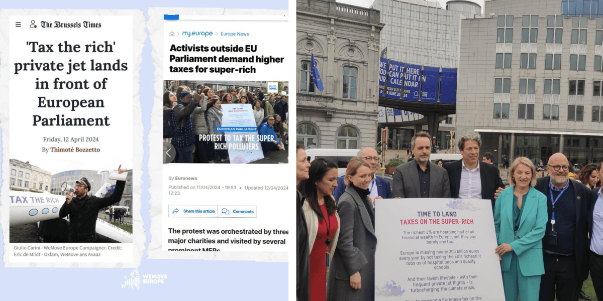 A sinistra il nostro attivista Giulio Carini che parla alla folla durante la manifestazione, a seguire i titoli su Euronews e sul Brussels Times.  A destra alcuni membri del Parlamento europeo venuti ad esprimere il loro sostegno a questa campagna.