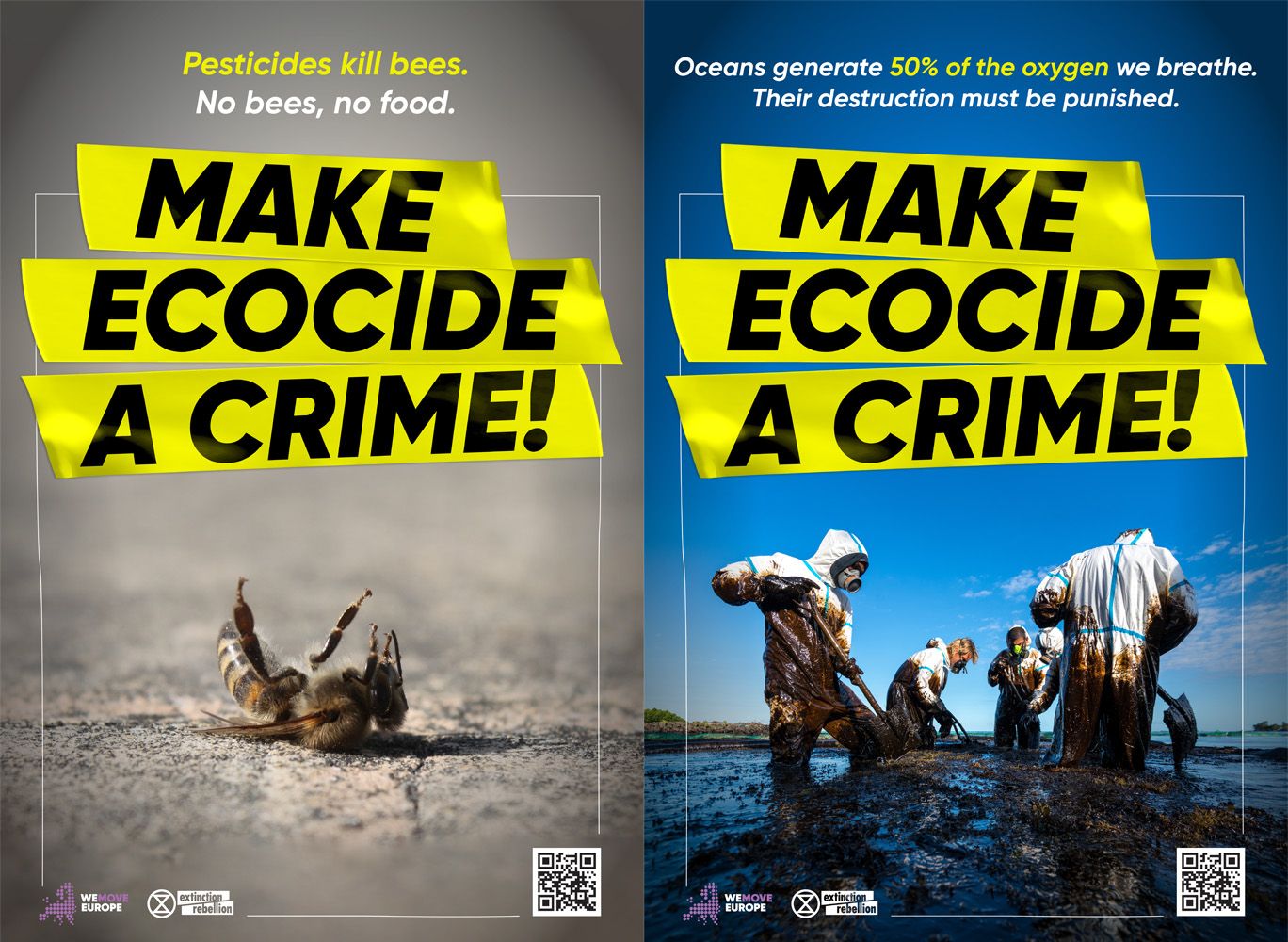 Posters met de opdruk: "Maak van ecocide een misdaad"