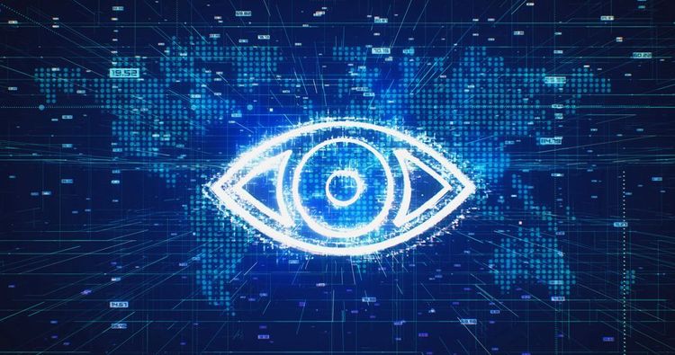 Niebiesko-czarne 'oko' wykonane z kodu komputerowego, symbolizujące Wielkiego Brata, czyli naruszenie prywatności