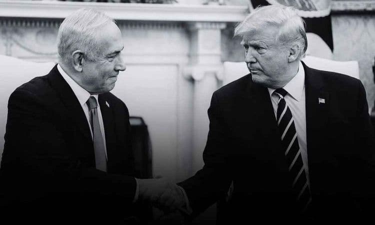 Black and white picture of Trump and Netanyahu shaking hands