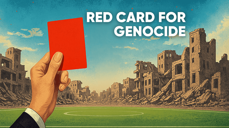 football referee holding red card with image of destroyed gaza in the background, with the title "Red Card for Genocide!