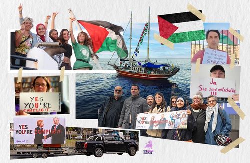 collage of images of a boat, activists of the flotilla, and a group of people in Brussels holding a banner that says “Yes, you’re complicit”.