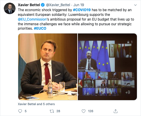 Xavier Bettel, Premierminister von Luxemburg, twitterte über das jüngste Treffen der EU-Chefs zur Finanzierung des Wiederaufbauplans.