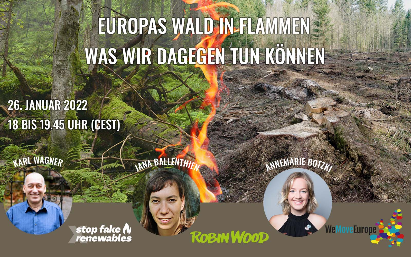 Collage zur Einladung zum Webinar: Europas Walk in Flammen & Was wir dazu tun können