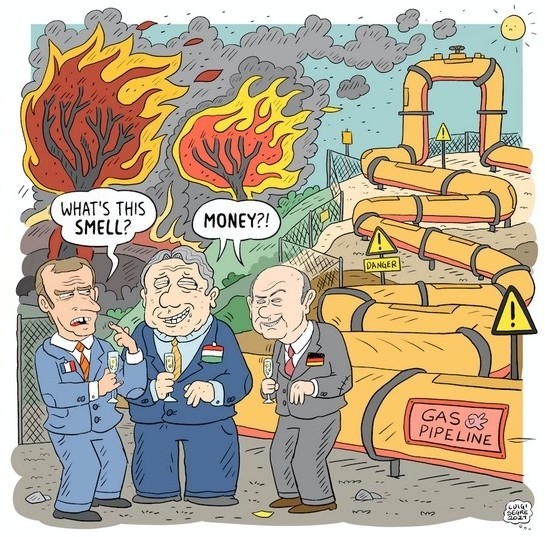 Karikatur zeigt Macron, Orbán und Scholz vor einer Gas-Pipeline und brennenden Bäumen. Macron fragt: Was stinkt hier so? Orbán und Scholz antworten: Geld?!
