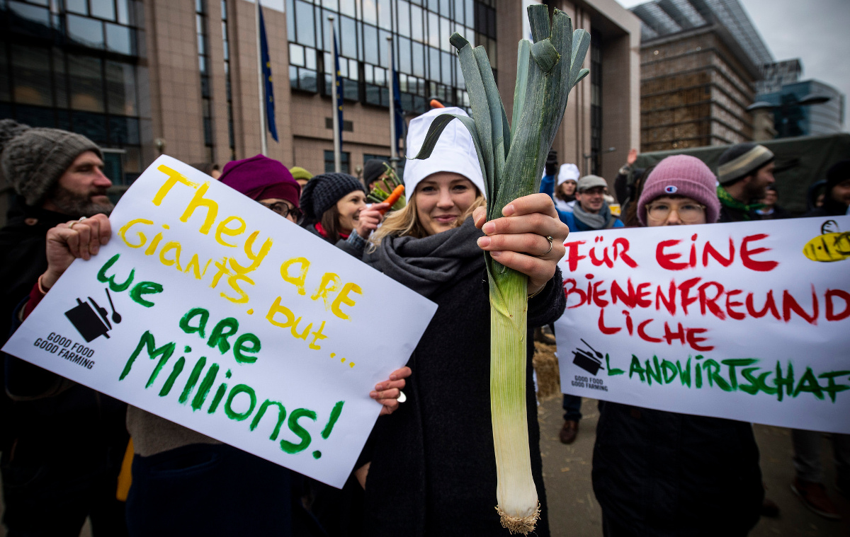 WeMove activists protest at meeting of agriculture ministers in Brussels in November 2018 In front of a building in Brussels WeMove activists protest for sustainable agriculture