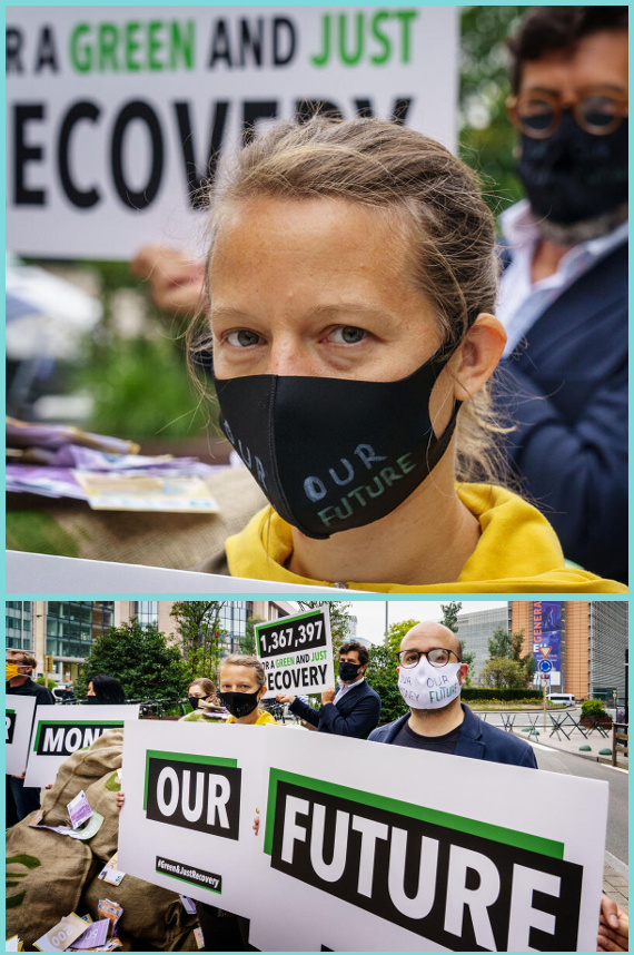 Woman wearing mask that says Our Future, group of protesters holding signs that say Our Money Our Future