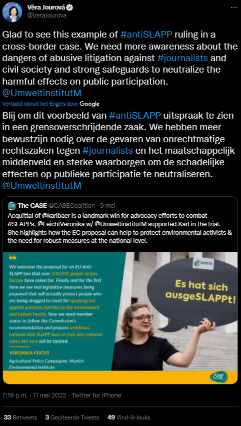 Screenshot of tweet by Věra Jourová stating "Glad to see this example of #antiSLAPP ruling in a cross-border case. We need more awareness about the dangers of abusive litigation against #journalists and civil society and strong safeguards to neutralize the harmful effects on public participation."
