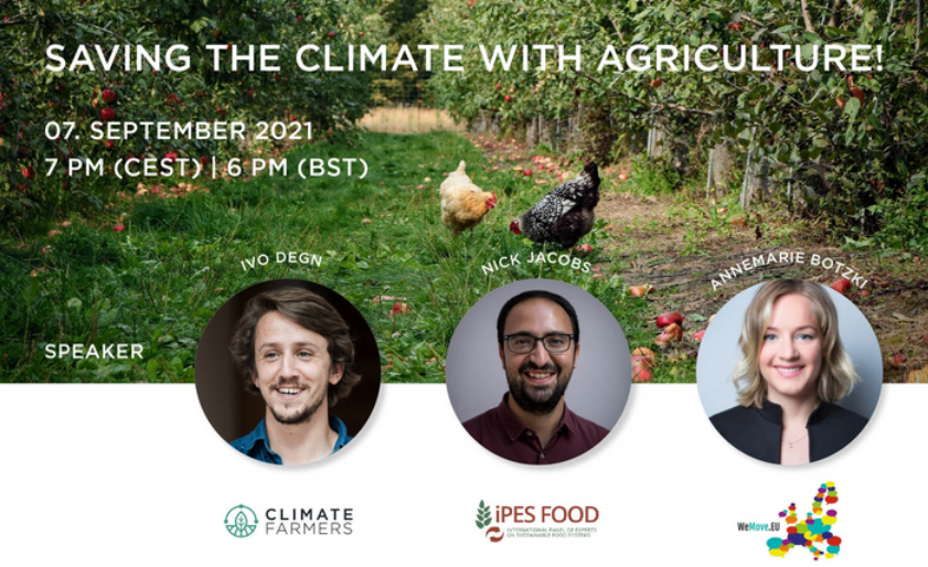 Screenshot of webinar video, text Saving the Climate with Agriculture