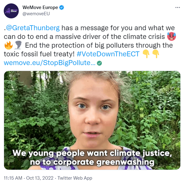 Captura de pantalla del tuit con un mensaje de Greta Thunberg. El texcto dice: . @GretaThunberg  tiene un mensaje para ti sobre lo que podemos hacer para acabar con un gigantesco motor de la crisis climática 🥵🔥🌪️ ¡Acabar con la protección que este dañino tratado que le brinda a los grandes contaminadores! #VoteDownTheECT